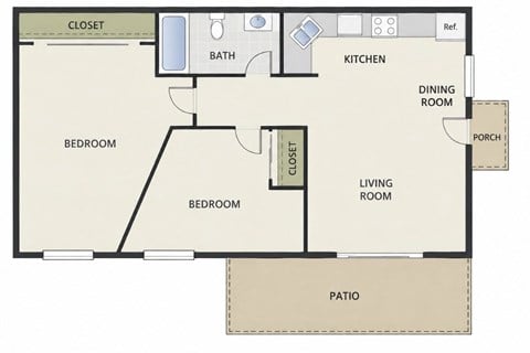 Floor plan for 2 beds, 1 bath, 641 sqft